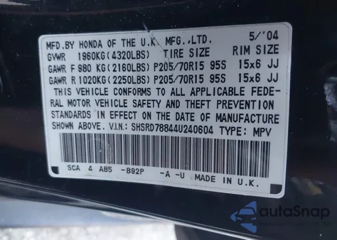 2004 Honda Cr-V Ex from USA, damaged, VIN SHSRD78844U240604